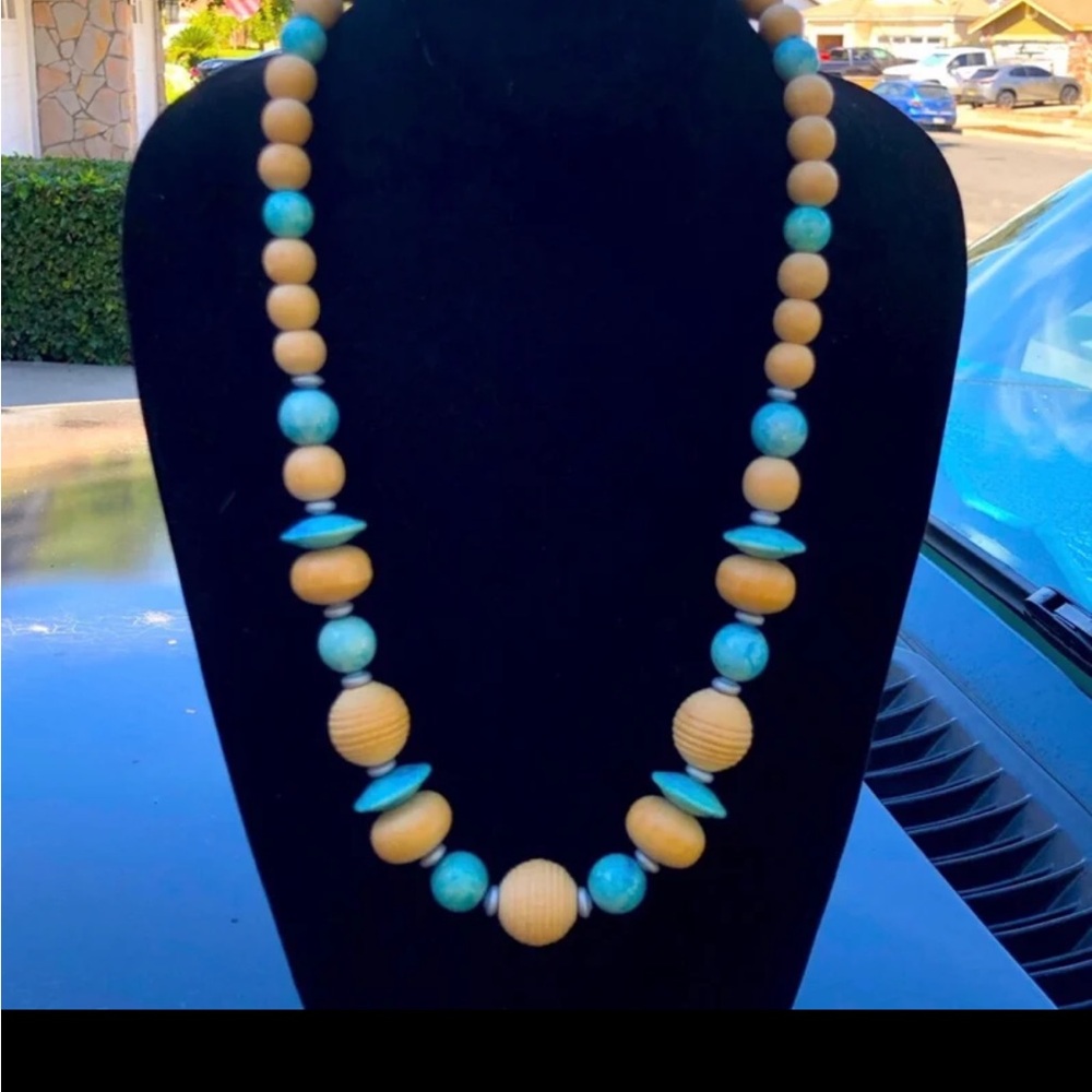 Long Blue Agate And Wood Bead Necklace